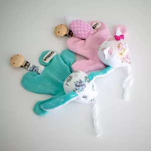 Handmade Teal and Pink Bunny Rabbit Pacifier Clip